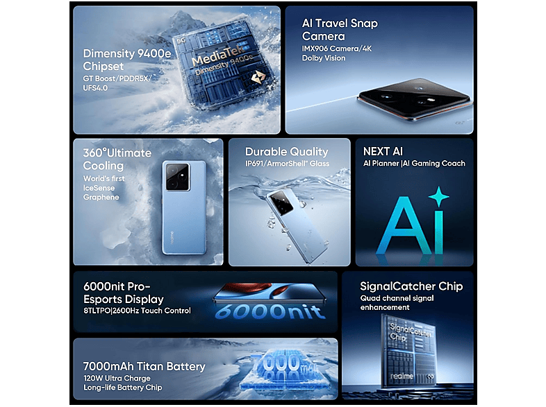 Smartphone - Realme GT 7, Azul, Móvil Android, 512 GB, 12 GB RAM, 6,78 ", Octa-Core Processor, 7000 mAh
