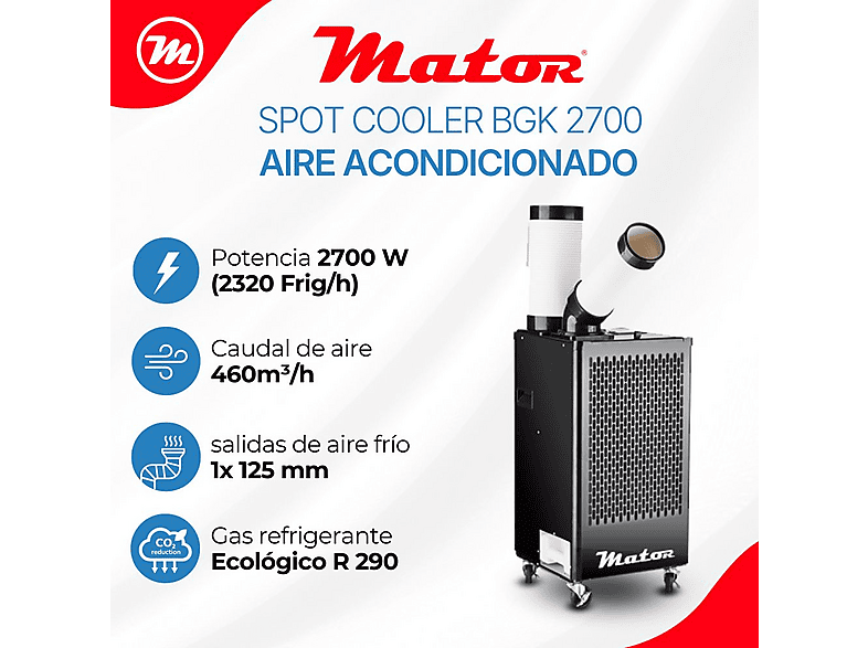 Aire acondicionado portátil - Mator SPOT COOLER BGK-2.710 – 2.700 W, 9212 fg/h, 2 velocidades, 90 m³, Negro