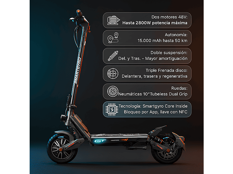 Patinete eléctrico - Smartgyro Rockway GT DUAL, Certificado, Homologado DGT, Negro