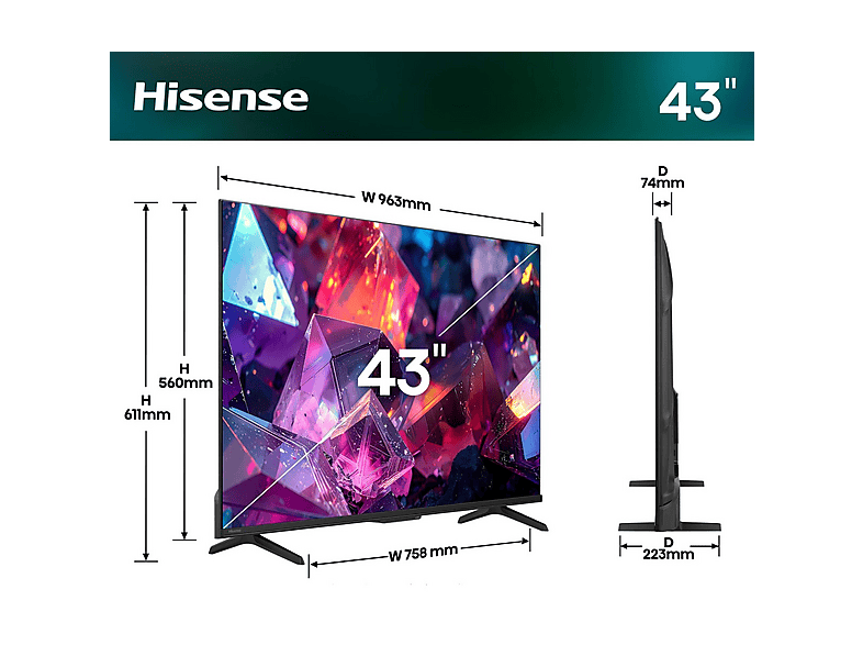 TV QLED 43" - Hisense 43E7S PRO, QLED 4K, Smart TV, DVB-T2 (H.265), Black