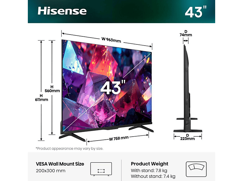 TV QLED 43" - Hisense 43E7S PRO, QLED 4K, Smart TV, DVB-T2 (H.265), Black