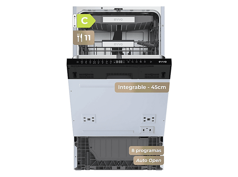 Lavavajillas integrable 45 cm - Evvo Di.4 Slim (45cm), 8 programas, 450 mm