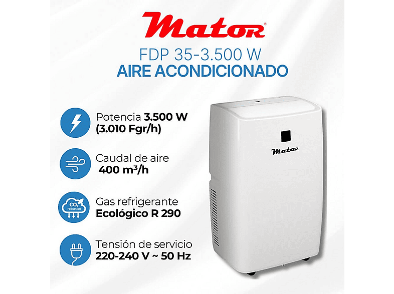 Aire acondicionado portátil - Mator FDP35-3.500 W-3.010 Frig/h, 12000 fg/h, Barcelona velocidades, 30 m², 54 dB(A), Blanco