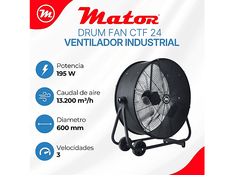 Ventilador de suelo - Mator DRUM FAN CTF 24 – 600 mm – 195W, 3 velocidades velocidades, Negro