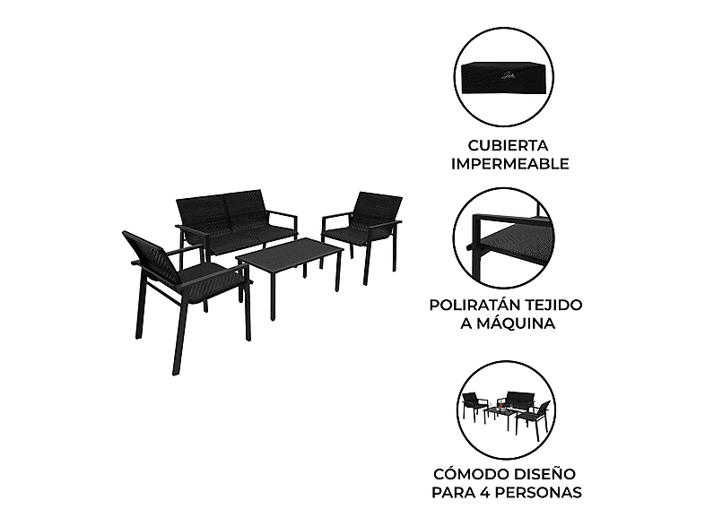 Conjunto de jardín - Monster De Ratán 4 plazas - Negro, 116 cm x 66,5 cm x 83 cm