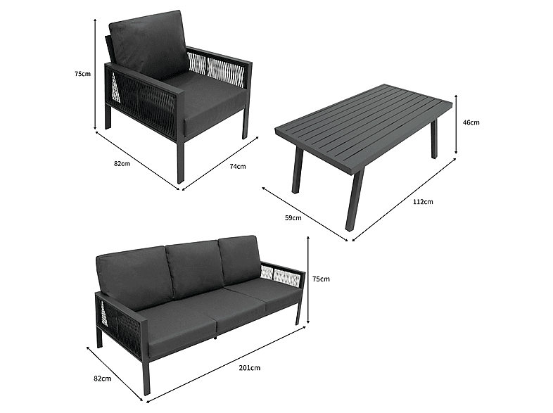 Conjunto de jardín - Monster De aluminio 5 plazas Antracita + Caja en ratán Negro, 201 cm x 82 cm x 75 cm, Gris