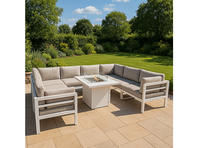 Conjunto de jardín - Monster Con Mesa con Fogata a Gas - Blanco, 300 cm x 225 cm x 63 cm, Blanca