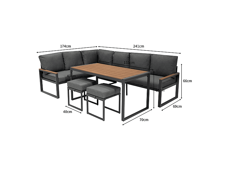 Conjunto de jardín - Monster 7 plazas - Efecto madera, 241 cm x 173,5 cm x 69 cm, Gris