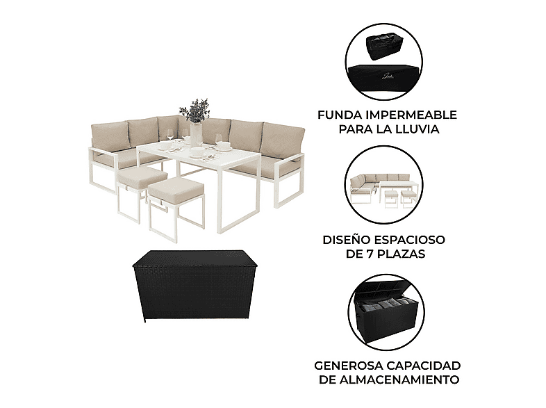 Conjunto de jardín - Monster Esquinero de aluminio Blanco + Caja en ratán negro, 241 cm x 173,5 cm x 66 cm, Blanca