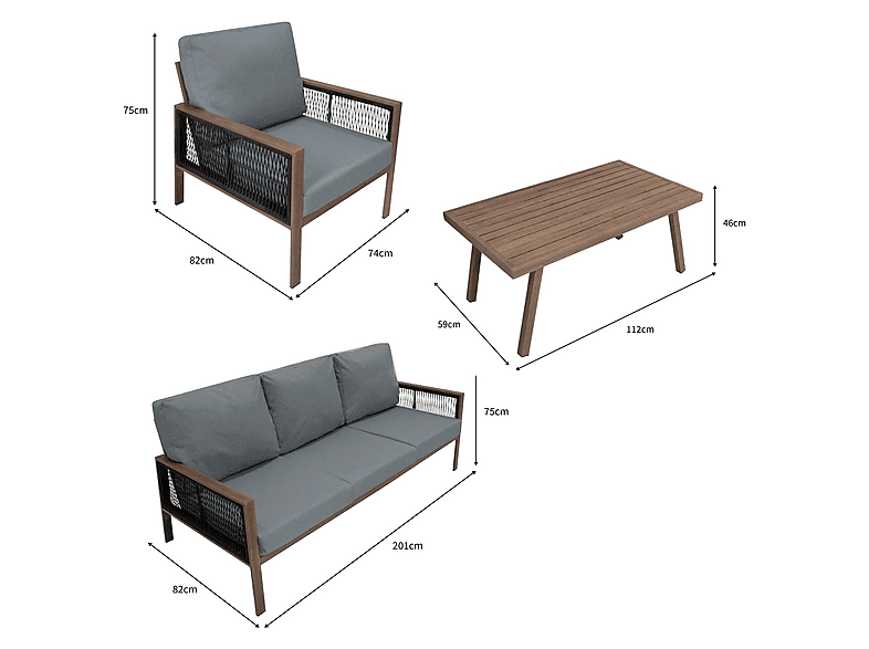 Conjunto de jardín - Monster De aluminio 5 plazas (4 piezas) - Efecto madera, 201 cm x 82 cm x 75 cm, Gris