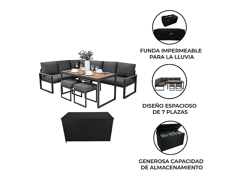 Conjunto de jardín - Monster Esquinero de aluminio Efecto Madera + Caja en ratán negro, 241 cm x 173,5 cm x 66 cm, Marrón
