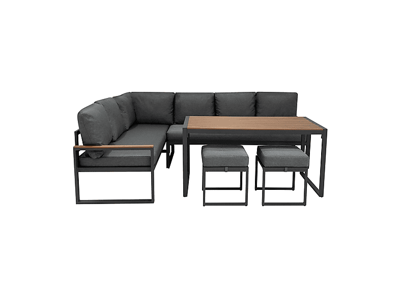 Conjunto de jardín - Monster Esquinero de aluminio Efecto Madera + Caja en ratán negro, 241 cm x 173,5 cm x 66 cm, Marrón