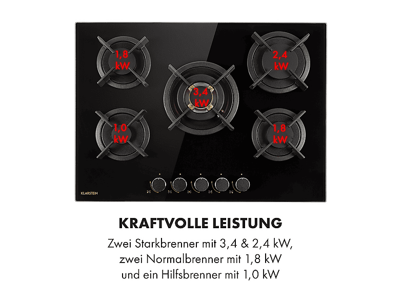 Placa de gas - Klarstein Goldflame 5, 5 zonas, 70 cm, Negro