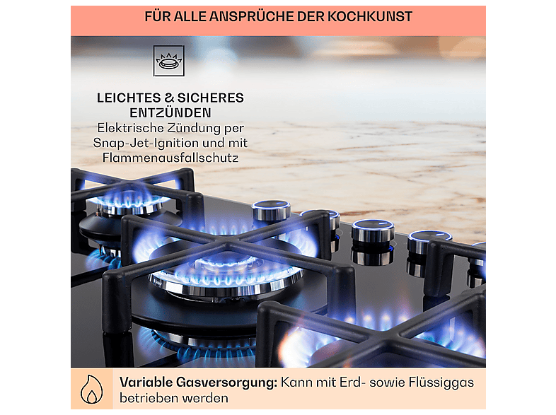 Placa de gas - Klarstein Illuminosa 5, 5 zonas, 76 cm, Negro