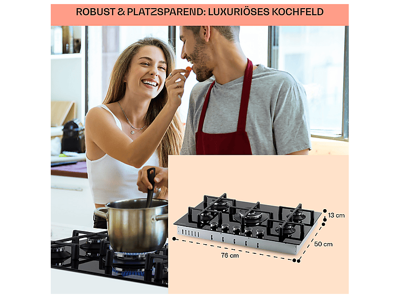 Placa de gas - Klarstein Illuminosa 5, 5 zonas, 76 cm, Negro