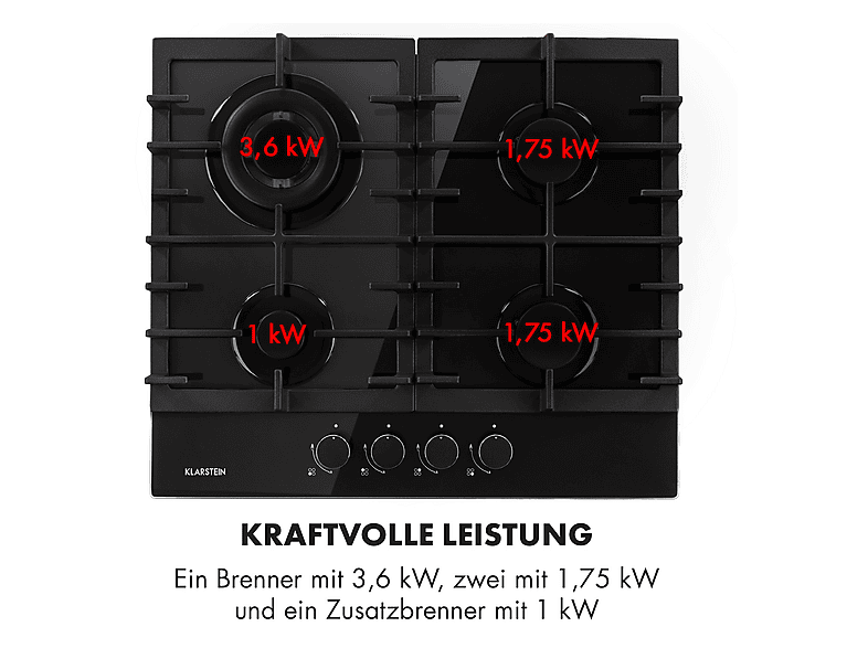 Placa de gas - Klarstein Ignito 4, 4 zonas, Gas natural y GLP, 60 cm, Negro
