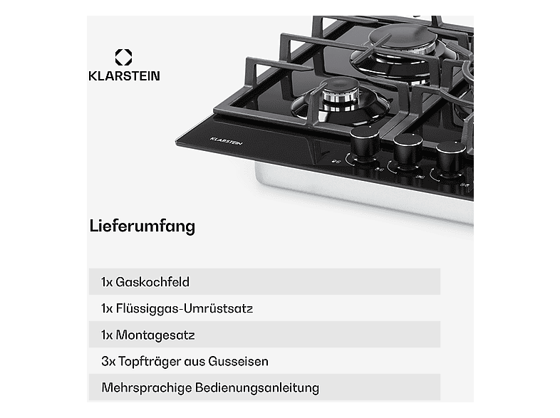 Placa de gas - Klarstein Ignito 5, 5 zonas, 75 cm, Negro