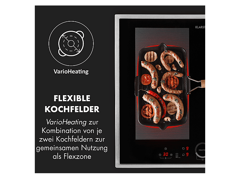 Placa de inducción - Klarstein Delicatessa 60 Prime, 4 zonas, 59 cm, Negro / Plata Metálica