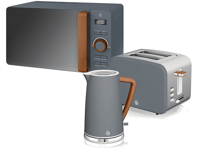 Set Desayuno - Swan STRP1060GRYNEU, Nordic Set Desayuno, Hervidor Agua 1,7L, Tostadora 2 rebanadas, Microondas 20L Digi, 2200 W, 2 ranuras, Gris