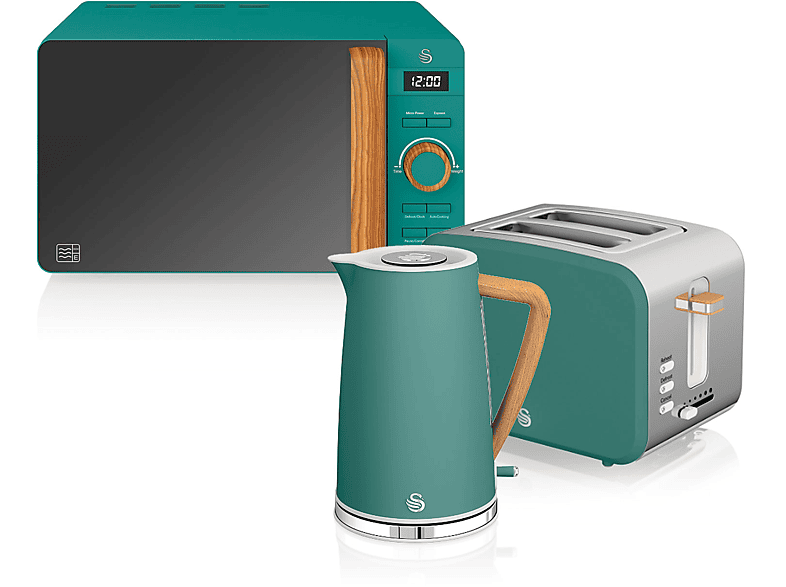 Set Desayuno - Swan STRP1060GRENEU, Nordic Set Desayuno, Hervidor Agua 1,7L, Tostadora 2 rebanadas, Microondas 20L Digi, 2200 W, 2 ranuras, Verde