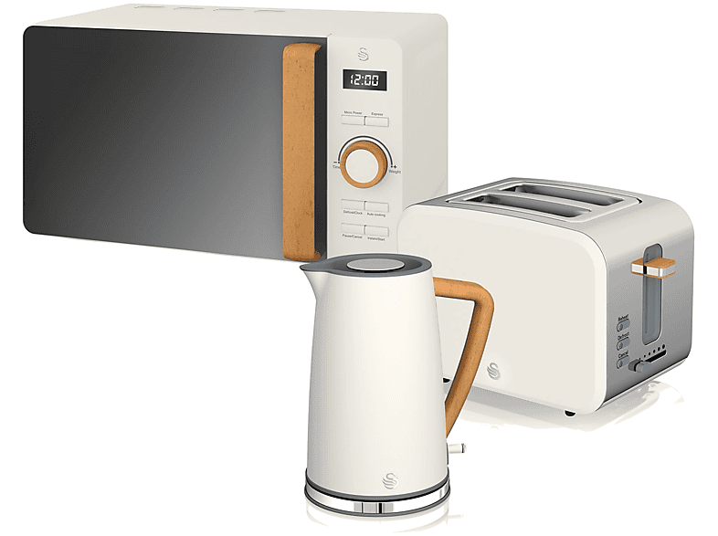Set Desayuno - Swan STRP1060WHTNEU, Nordic Set Desayuno, Hervidor Agua 1,7L, Tostadora 2 rebanadas, Microondas 20L Digi, 2200 W, 2 ranuras, Blanco