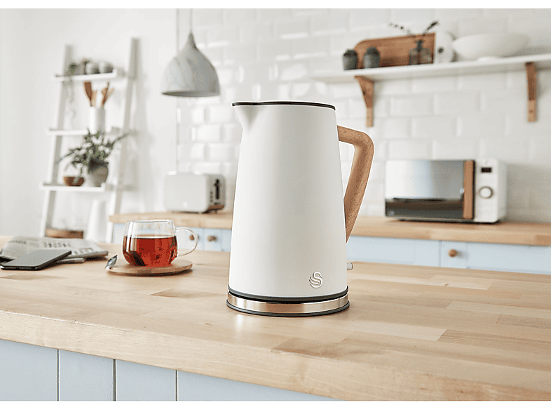 Set Desayuno - Swan STRP1060WHTNEU, Nordic Set Desayuno, Hervidor Agua 1,7L, Tostadora 2 rebanadas, Microondas 20L Digi, 2200 W, 2 ranuras, Blanco