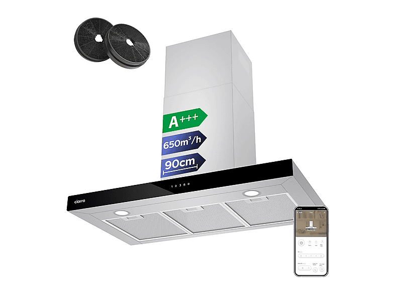 Campana Decorativa - Ciarra CBCS9102, 4 velocidades, 650 m³/h, 900 mm, Negro+Inoxi
