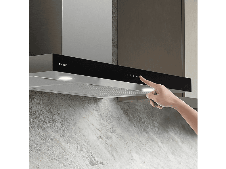 Campana Decorativa - Ciarra CBCS9102, 4 velocidades, 650 m³/h, 900 mm, Negro+Inoxi