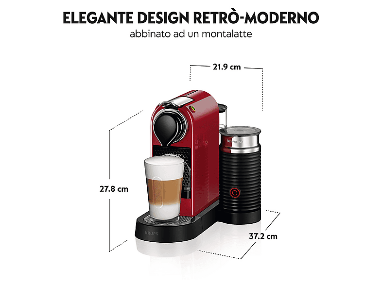 Cafetera de cápsulas - Krups Nespresso Citiz & Milk XN7615, 19 bar, 1260 W, Rojo