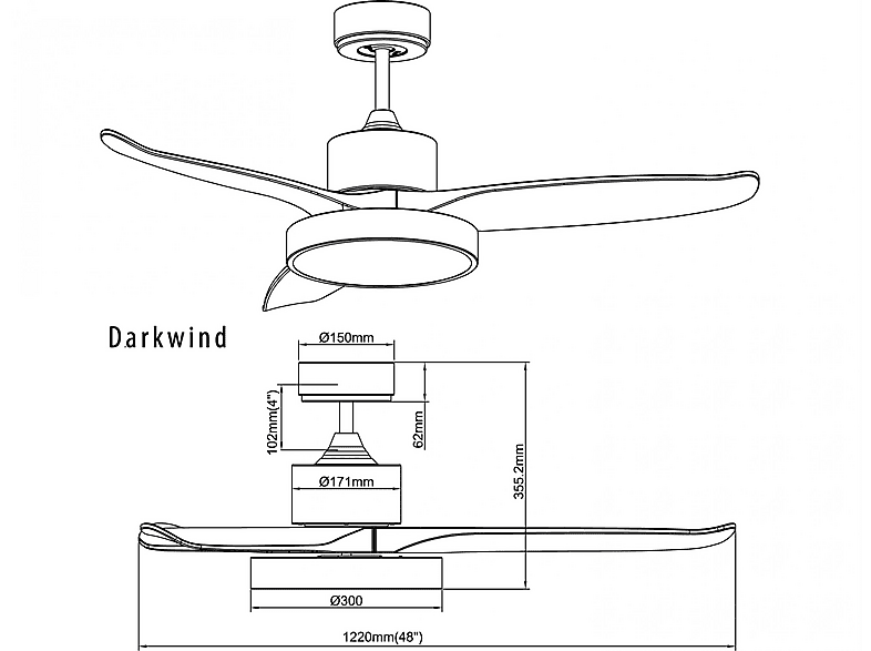 Ventilador de techo - Klassfan DARKWIND, 40 W, 6 velocidades, Negro