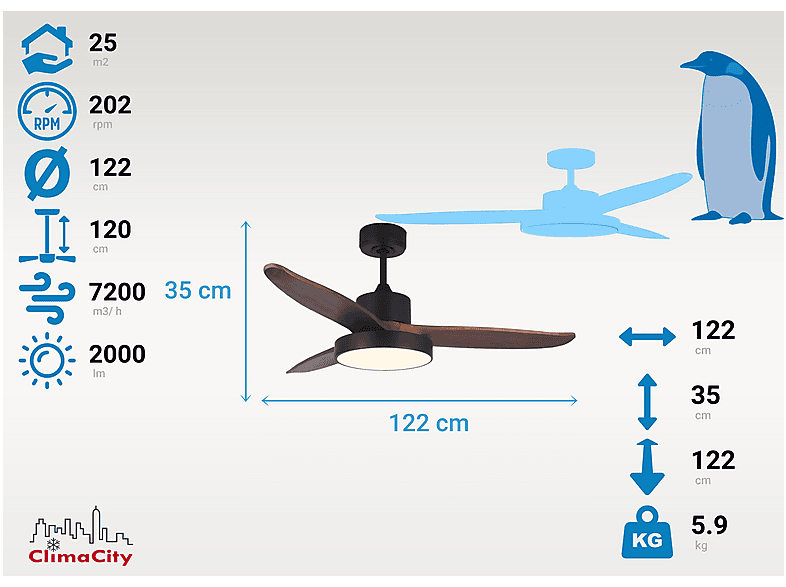 Ventilador de techo - Klassfan DARKWIND, 40 W, 6 velocidades, Negro