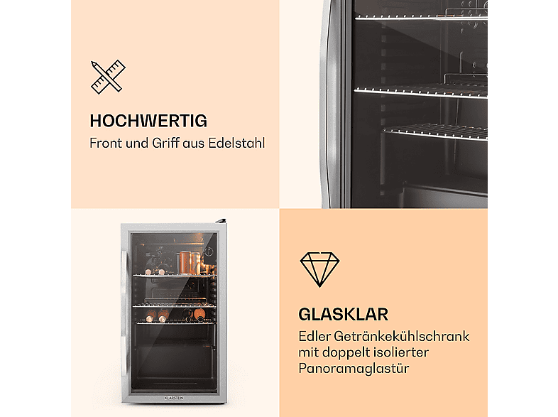 Nevera pequeña - Klarstein Beersafe XXL, Altura 830 mm, Acero Inoxidable