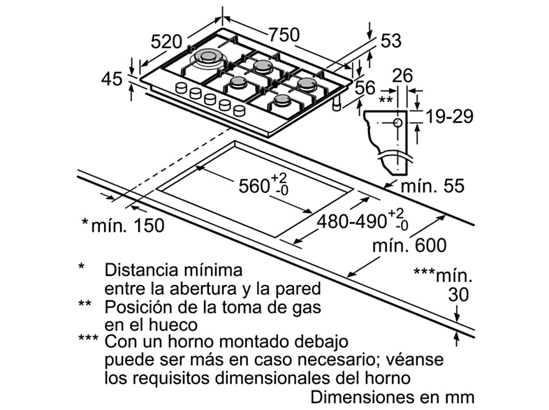 Placa de gas - Bosch PCS7A5B90, 5 zonas, A la derecha, detrás, 750 mm, Inox