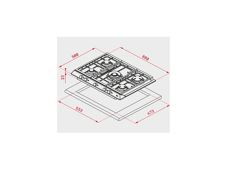 Placa de gas - Teka EX 70.1 5G AI AL DR CI, 5 zonas, Natural Gas (NG), 680 mm, Acero inoxidable