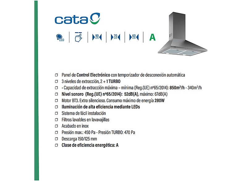Campana decorativa - Cata 02050305 BETA 600 X/D, 3 velocidades, 850 m³/h, 60 cm, Inox