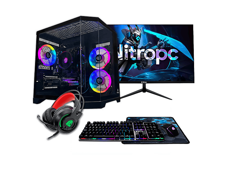 PC Gaming - Nitropc Pack Silver, AMD Ryzen 5 5500 (6 núcleos, 12 hilos | 3,60 GHz hasta 4,20 GHz), Monitor 24" 120Hz IPS, 16 GB RAM, 1 TB SSD, Negro