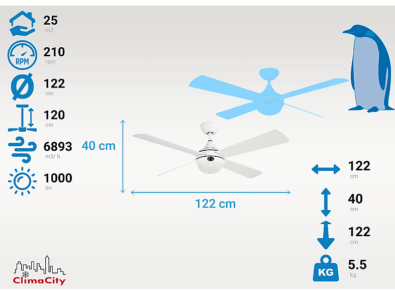 Ventilador de techo - Klassfan RIAICA, 40 W, 6 velocidades, Blanco