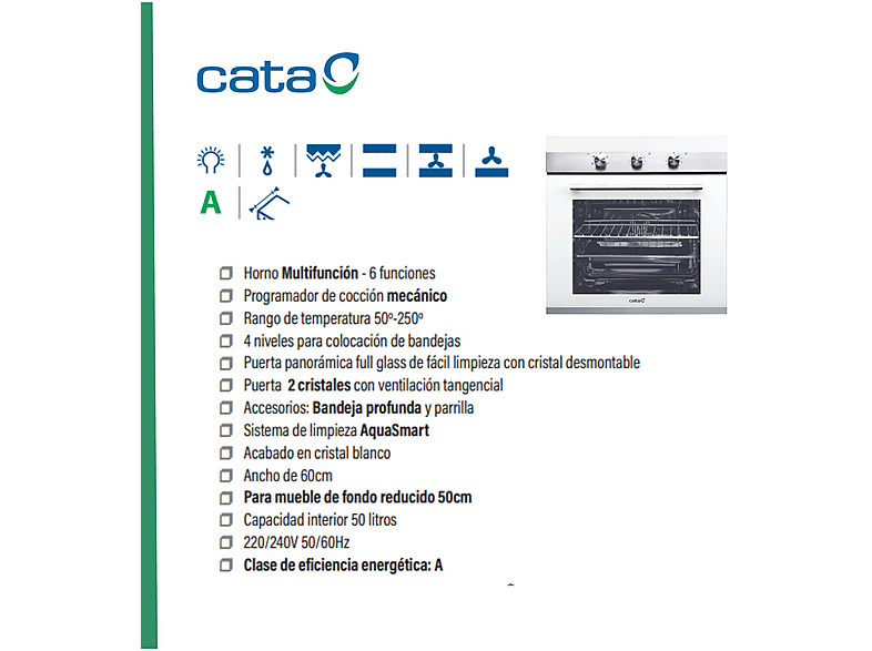 Horno multifunción - Cata CM 760 AS WH, Integrable, 50 l, 59 cm, Blanco