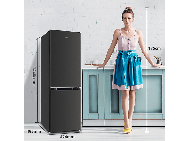 Frigorífico combi - Chiq FBM157L42, Puertas reversibles, nevera mediana, Estático, Altura 1,44 m, Capacidad 157 l, Color Inox Oscuro