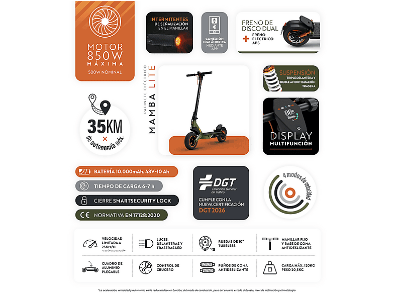Patinete eléctrico - Olsson MAMBA LITE homologado DGT 35km autonomía, Pot. máx. 850 W, Carga máx. 120 kg, hasta 35 km autonomía, 10000 mAh