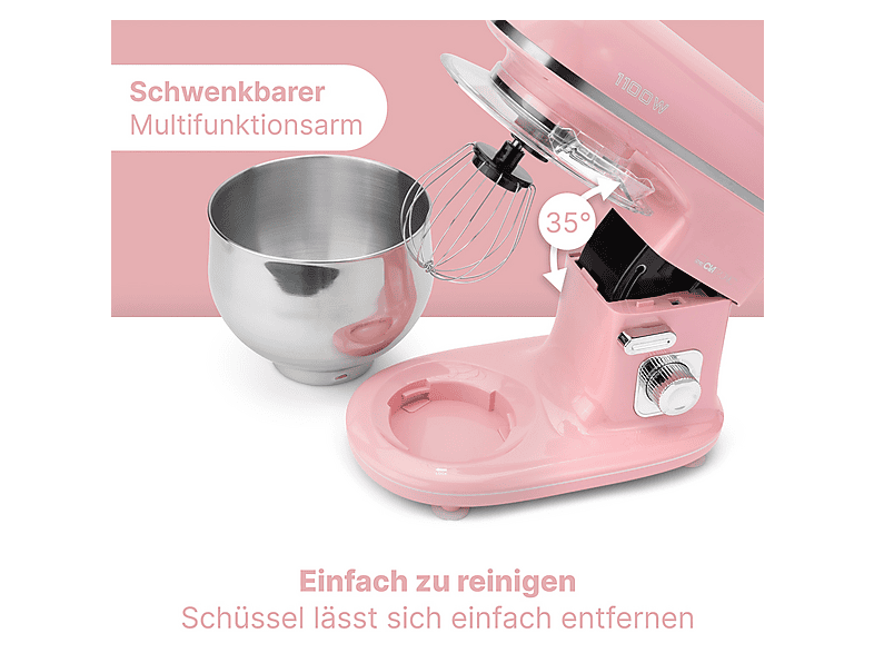 Robot de cocina - Clatronic KM 3711, 1100 W, 5 l, Rosa