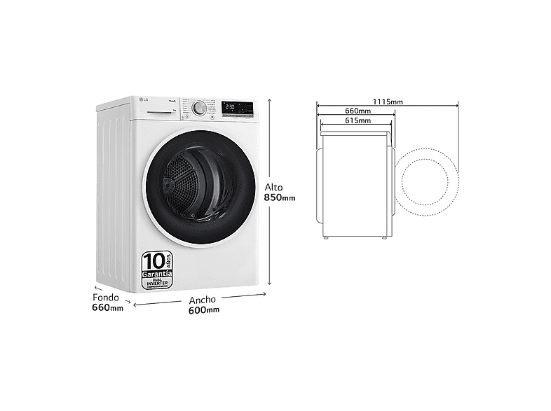 Secadora - LG RH90V5AV6N, Bomba de calor, 9 kg, 14 programas, Blanco