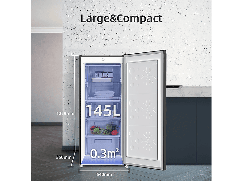 Congelador vertical - Chiq FSD160D4E, 145 l, 1259 mm, Color Metalico Cepillado Oscuro