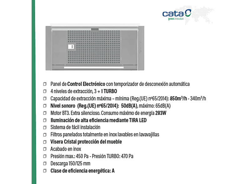 Campana de grupo filtrante - Cata 2187308 CORONA 70/B, 3 velocidades, 850 m³/h, 69 cm, Inox
