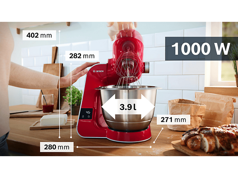 Robot de cocina - Bosch MUM5X720, 1000 W, 3,9 l, Rojo