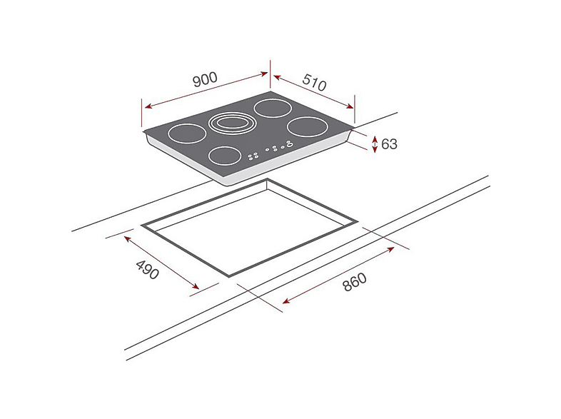 Placa vitrocerámica - Teka 10210002 TR 951, 5 zonas, Zona grande 27 cm, Cristal biselado, Stop&Go, 90 cm, Negro