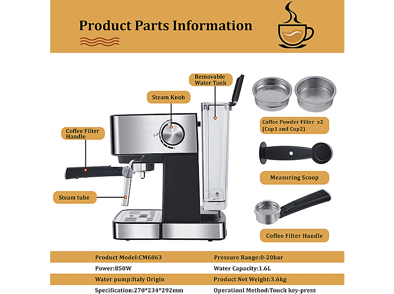 Máquina de café expreso - Biolomix LJ1522, 850 W, Gris