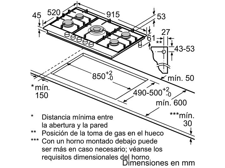 Placa gas - Bosch PCR9A5B90, 5 zonas, Gas natural, Inox