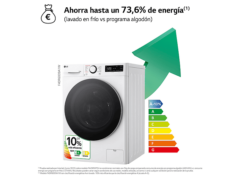 Lavadora secadora - LG F4DR6009A1W, 9 kg + 6 kg, Blanco