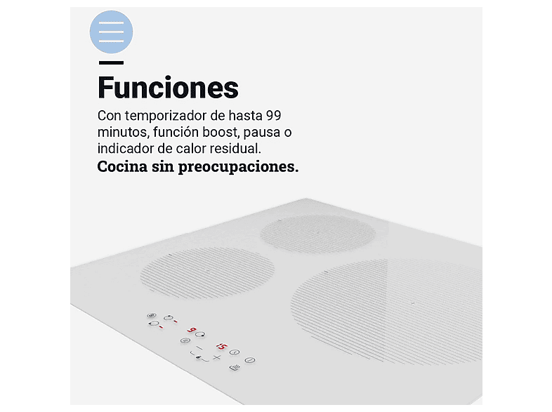 Placa de inducción - Universalblue MEISSA, 3 Fuegos zonas, 59 cm, Blanco